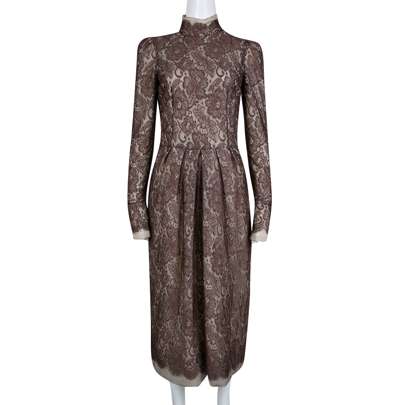 

Dolce And Gabbana Brown Scalloped Lace Padded High Neck Long Sleeve Dress