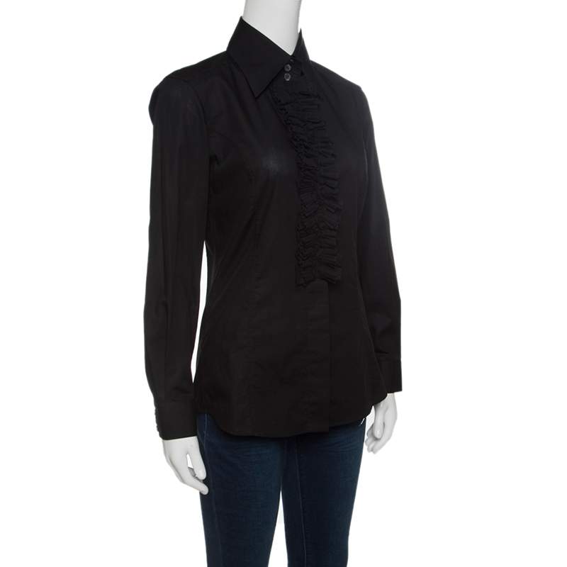 

Dolce & Gabbana Black Cotton Ruffle Front Detail Shirt