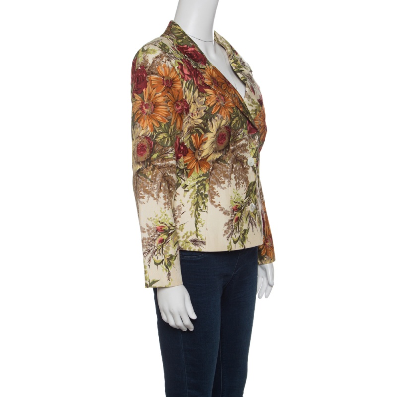 

Dolce and Gabbana Cream Floral Printed Silk Knit Blazer