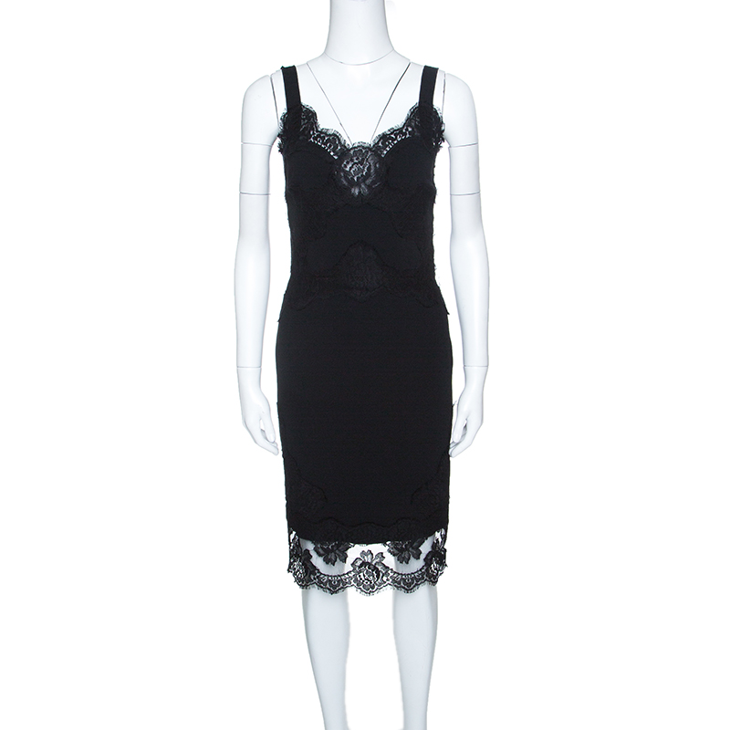 Dolce and Gabbana Black Scalloped Lace Trim Sleeveless Dress S