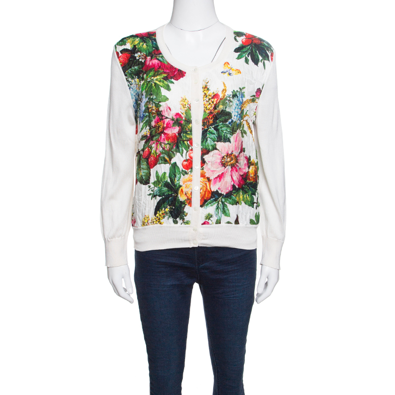 Pre Owned Dolce and Gabbana Cream Floral Print Embossed Jacquard Button Front Cardigan L
