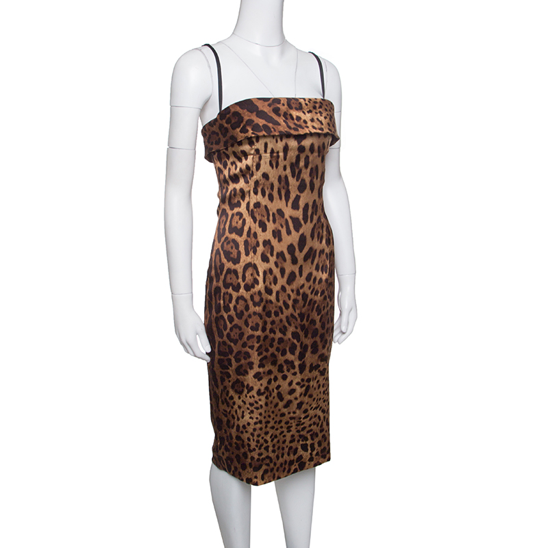 

Dolce and Gabbana Brown Leopard Printed Satin Sheath Dress