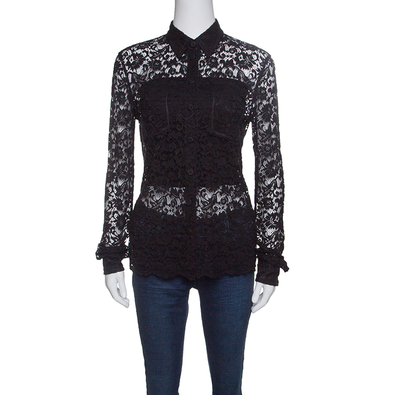 Dolce and Gabbana Black Floral Lace Long Sleeve Button Front Shirt S ...