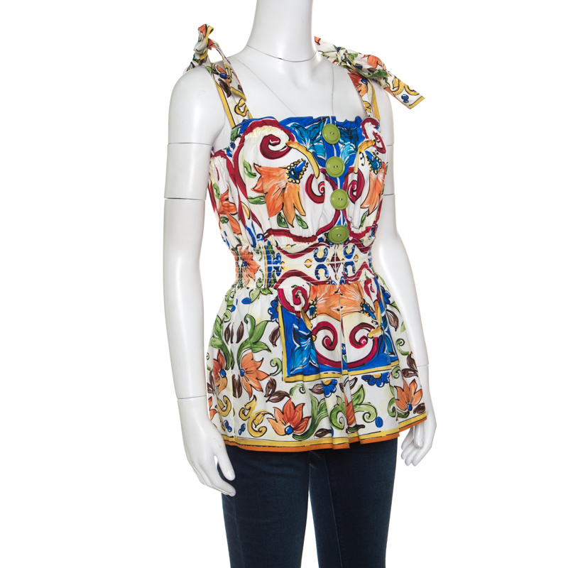 

Dolce and Gabbana Multicolor Majolica Printed Cotton Smocked Waist Sleeveless Top