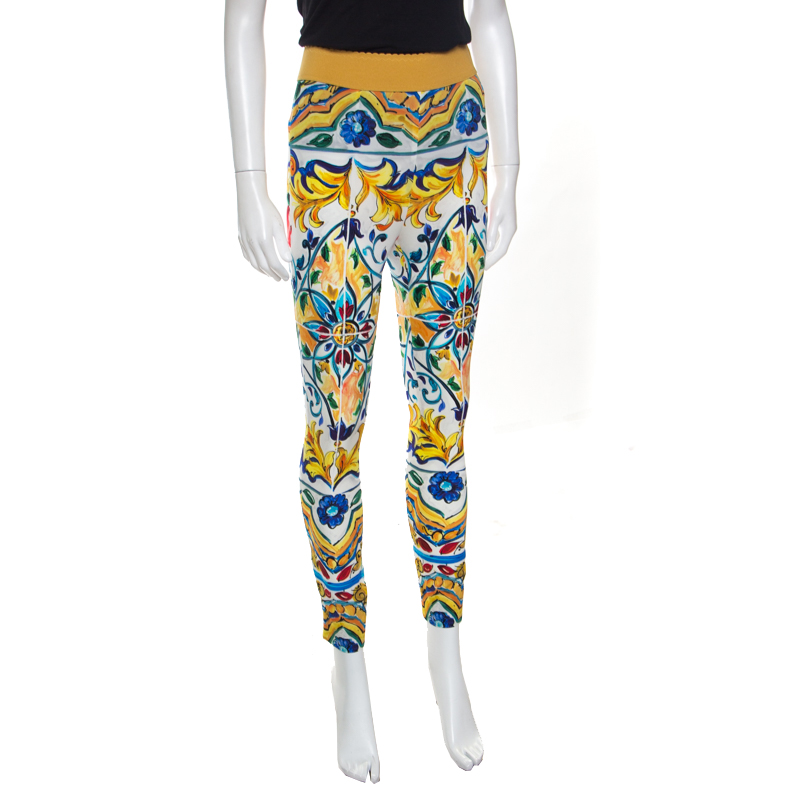 

Dolce and Gabbana Majolica Printed Silk Elasticized Waist Skinny Pants, Multicolor