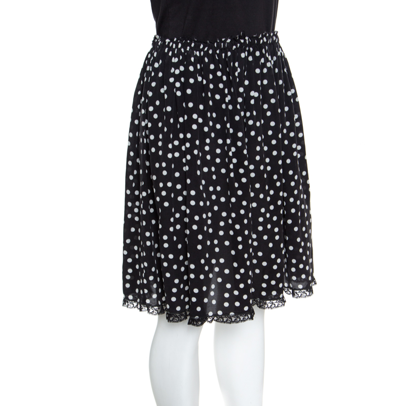 

Dolce & Gabbana Monochrome Polka Dotted Lace Trim Silk Skirt, Black