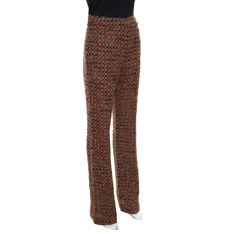 

Dolce and Gabbana Brown Textured Wool Blend High Rise Wide Leg Trousers