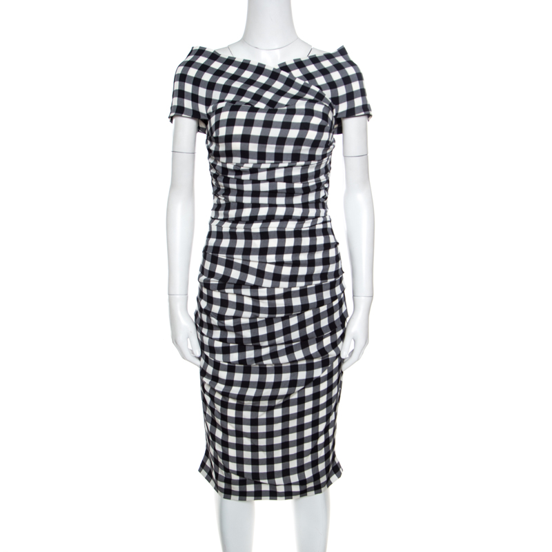 Pre Owned Dolce and Gabbana Monochrome Gingham Checked Ruched Bodycon Dress M