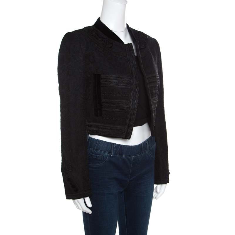 

Dolce & Gabbana Black Jacquard Corded Applique Velvet Trim Cropped Jacket