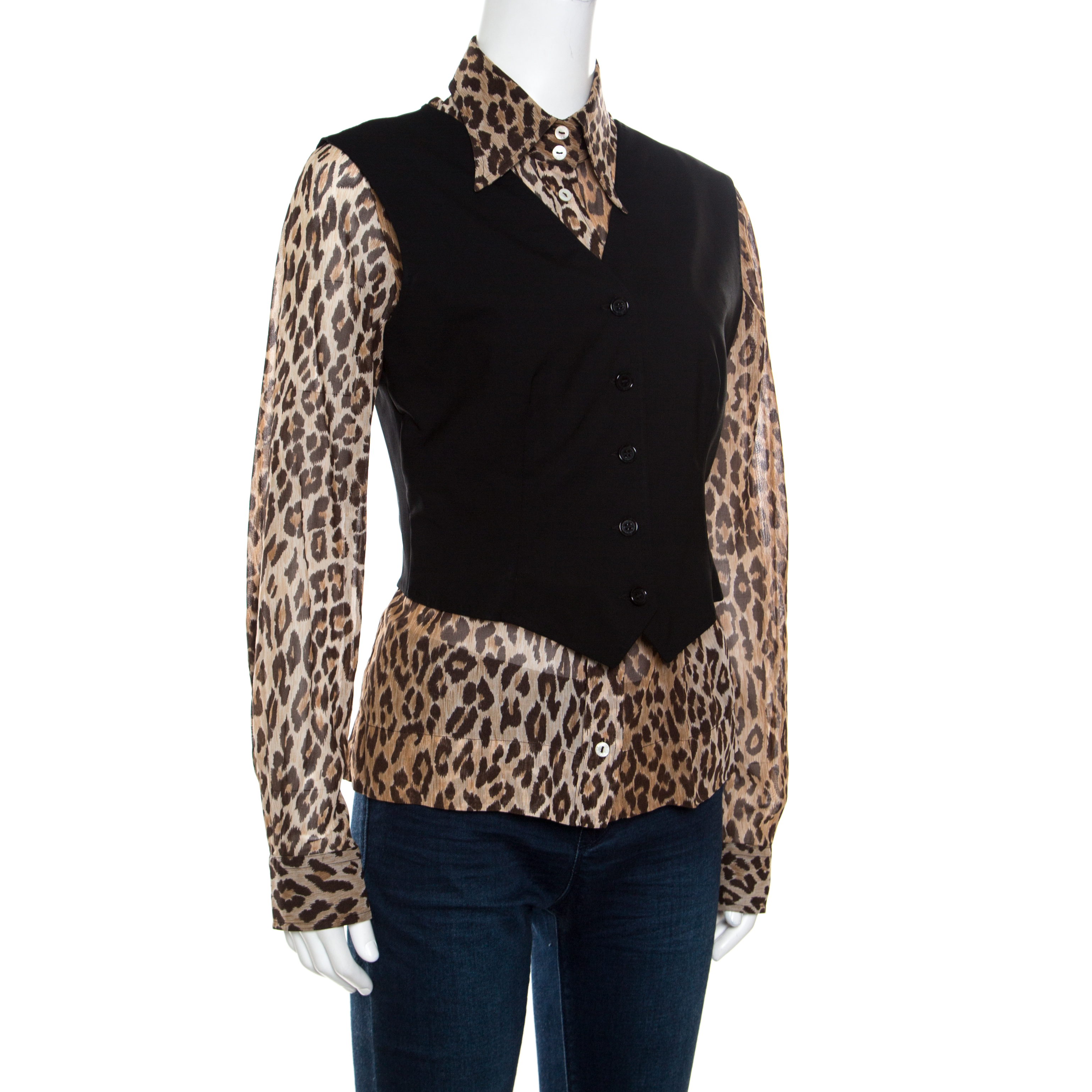 

Dolce & Gabbana Black Wool Waistcoat Overlay Detail Silk Leopard Print Blouse, Multicolor