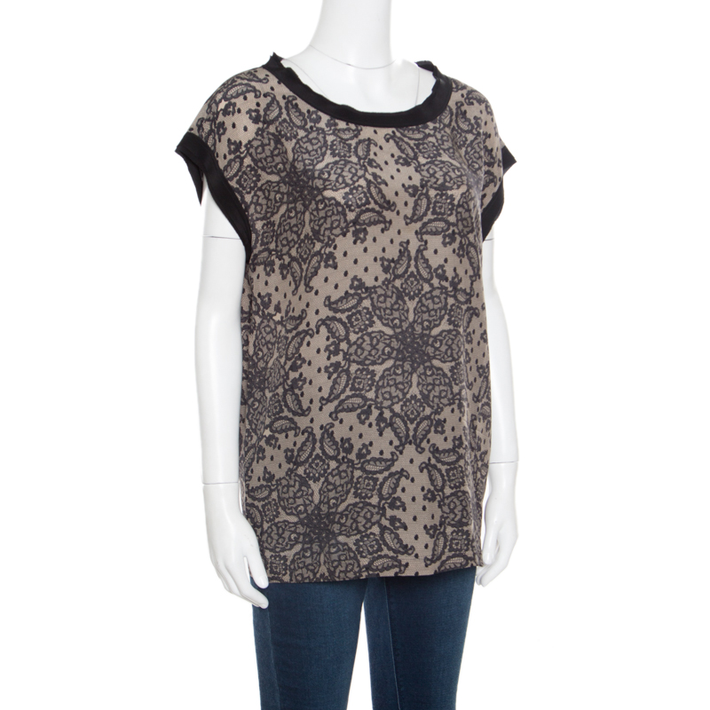 

Dolce & Gabbana Beige and Black Lace Printed Silk Raw Edged Top