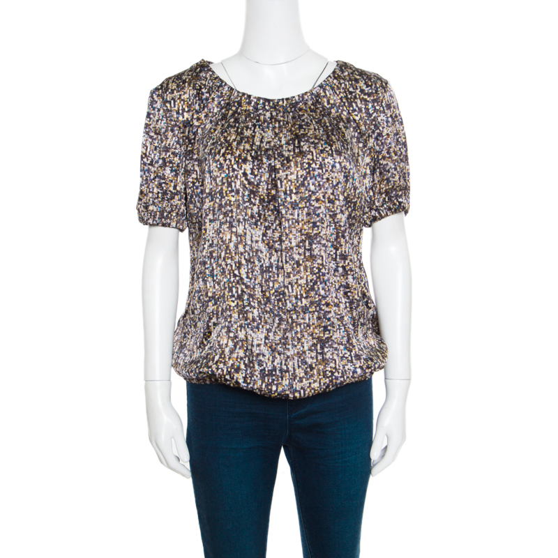 مملوكة مسبقًا بلوزة دولتشي آند غابانا شيفون حرير مطبوع ترتر بأكمام طويلة M