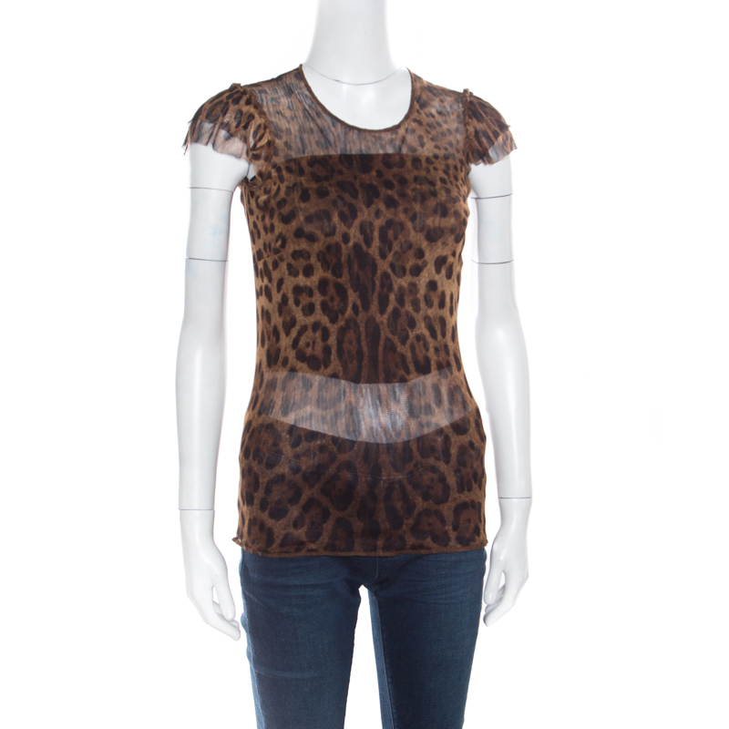 

Dolce & Gabbana Brown Animal Printed Ruffled Sleeve Mesh Top