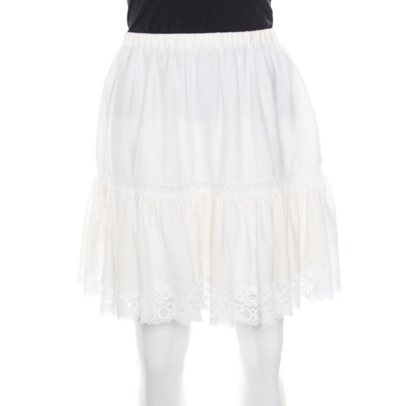 

Dolce & Gabbana Cream Crinkled Cotton Silk Lace Insert Tiered Skirt
