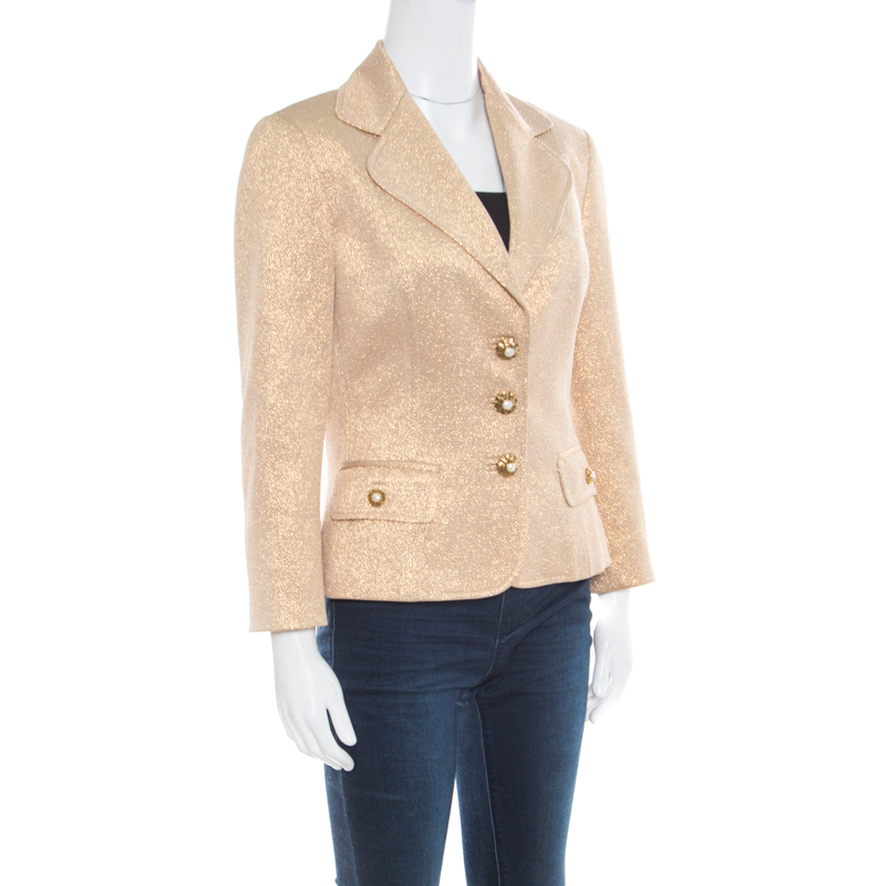 

Dolce & Gabbana Matte Gold Cloque Faux Pearl Embedded Button Front Blazer