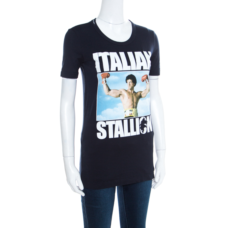 

Dolce and Gabbana Navy Blue Jersey Rocky Balboa Print Crew Neck T-shirt