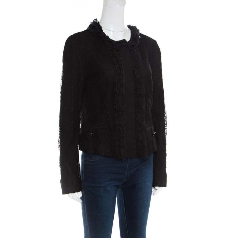 

Dolce & Gabbana Black Striped Lace Ruffle Trim Button Front Jacket