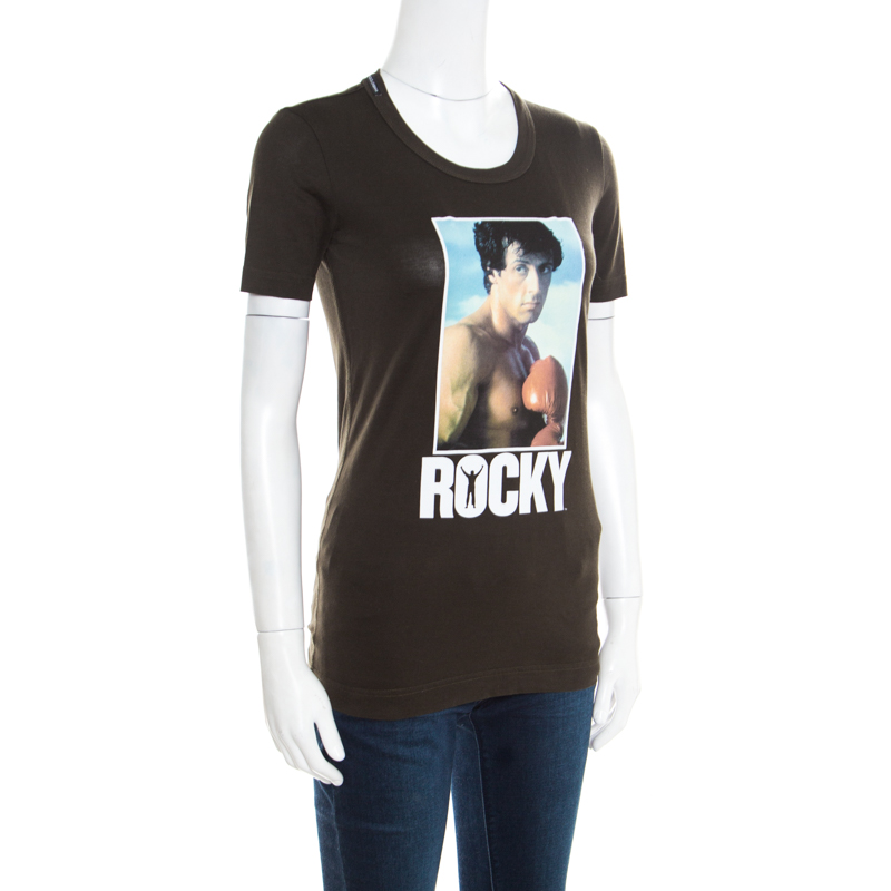 

Dolce and Gabbana Olive Green Jersey Rocky Balboa Print Crew Neck T-shirt