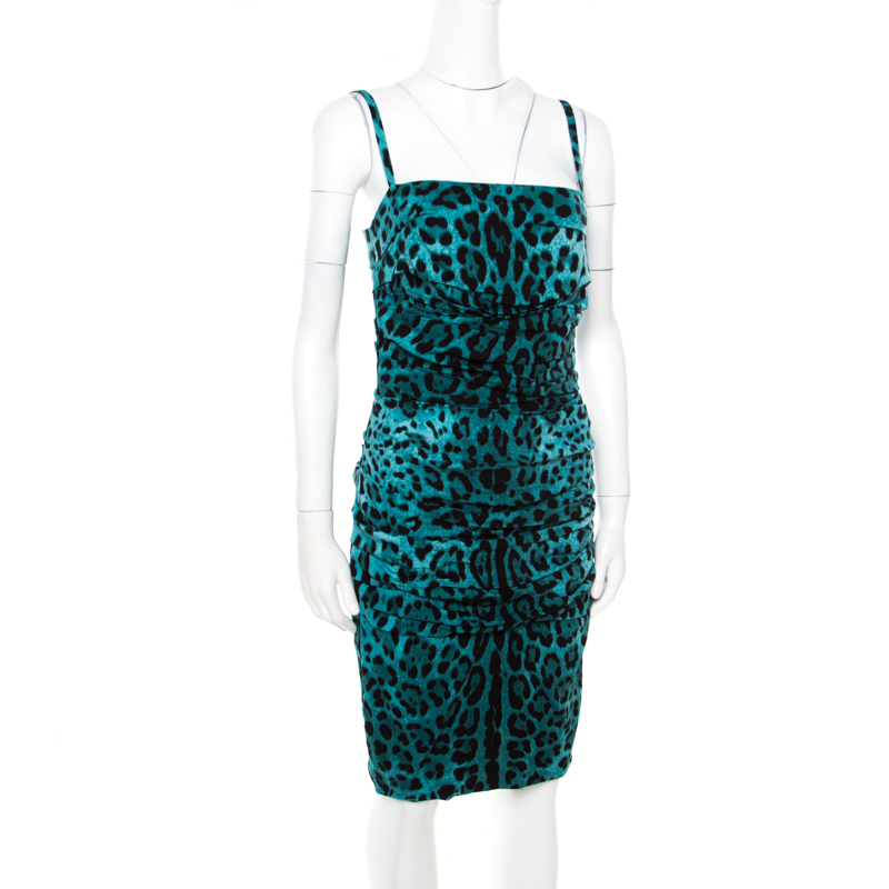 

Dolce and Gabbana Green Leopard Printed Silk Sleeveless Ruched Cocktail Dress