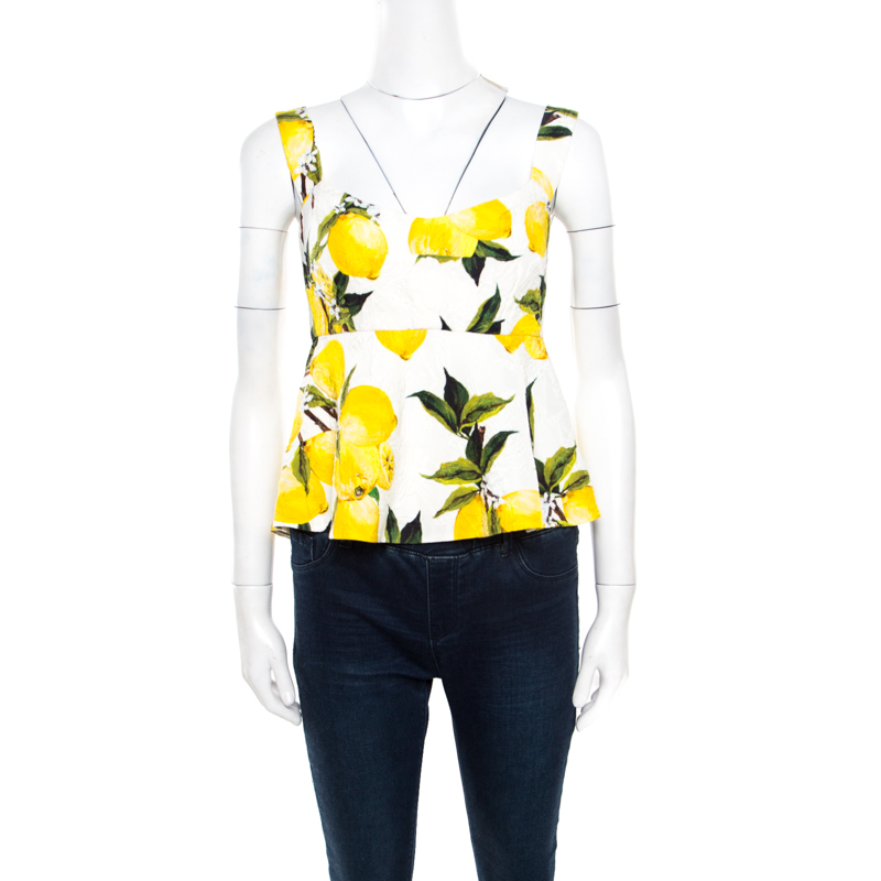 مملوكة مسبقًا Dolce and Gabbana White Lemon Printed Jacquard Peplum Cropped Top S
