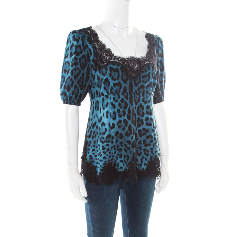 

Dolce & Gabbana Blue Leopard Printed Silk Scalloped Lace Detail Blouse