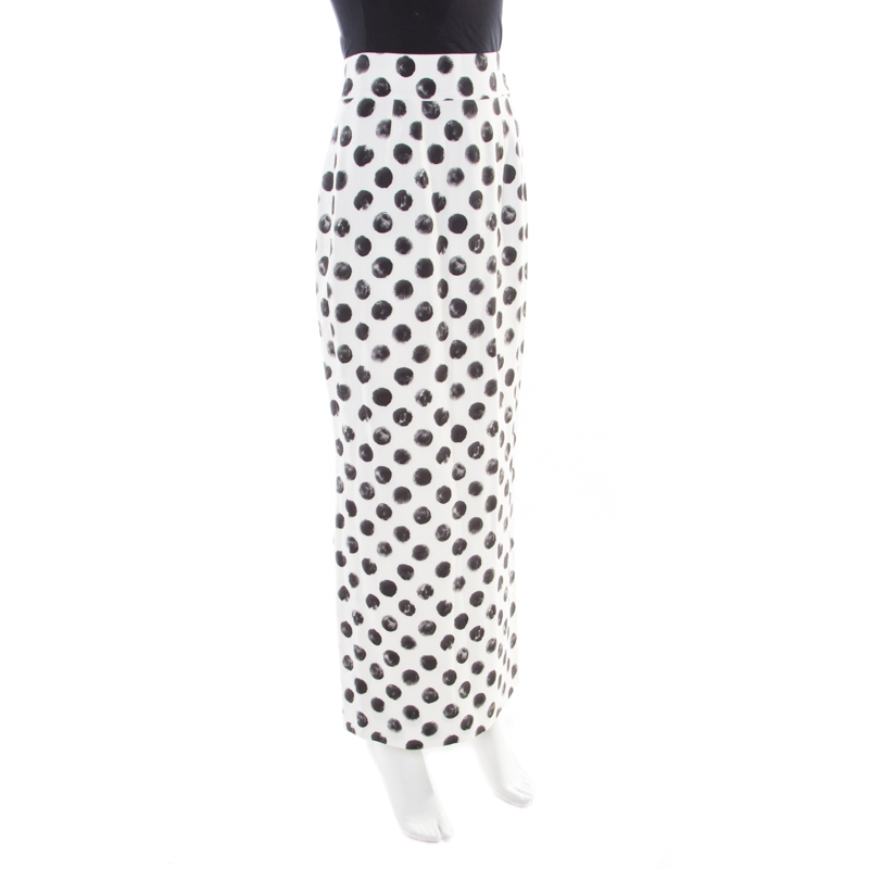 

Dolce and Gabbana Monochrome Brushstroke Polka Dot Printed Maxi Skirt, White