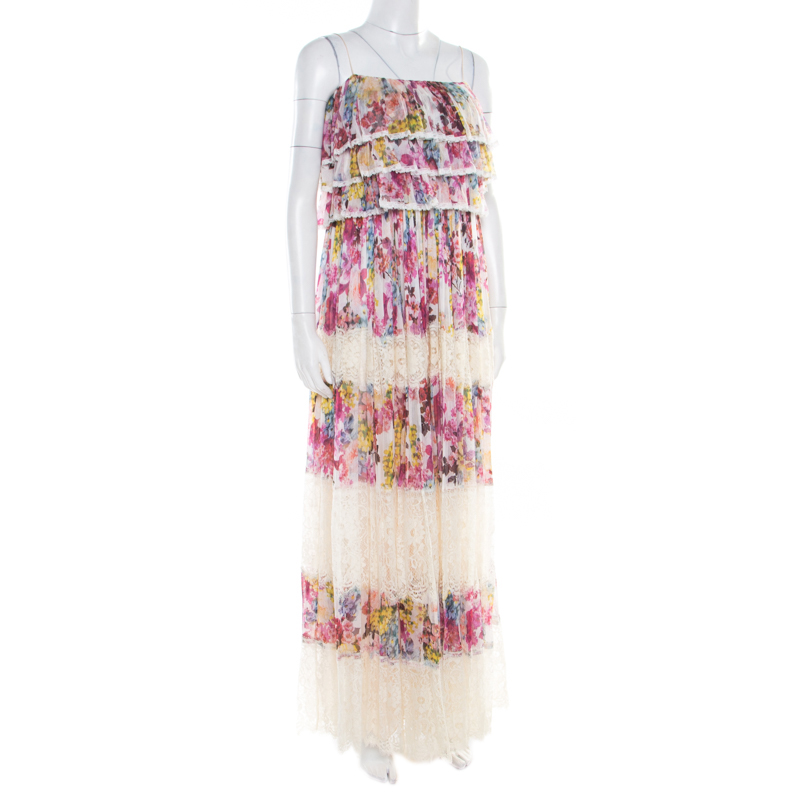 

D&G Multicolor Floral Printed Silk and Lace Paneled Tiered Bodice Maxi Dress