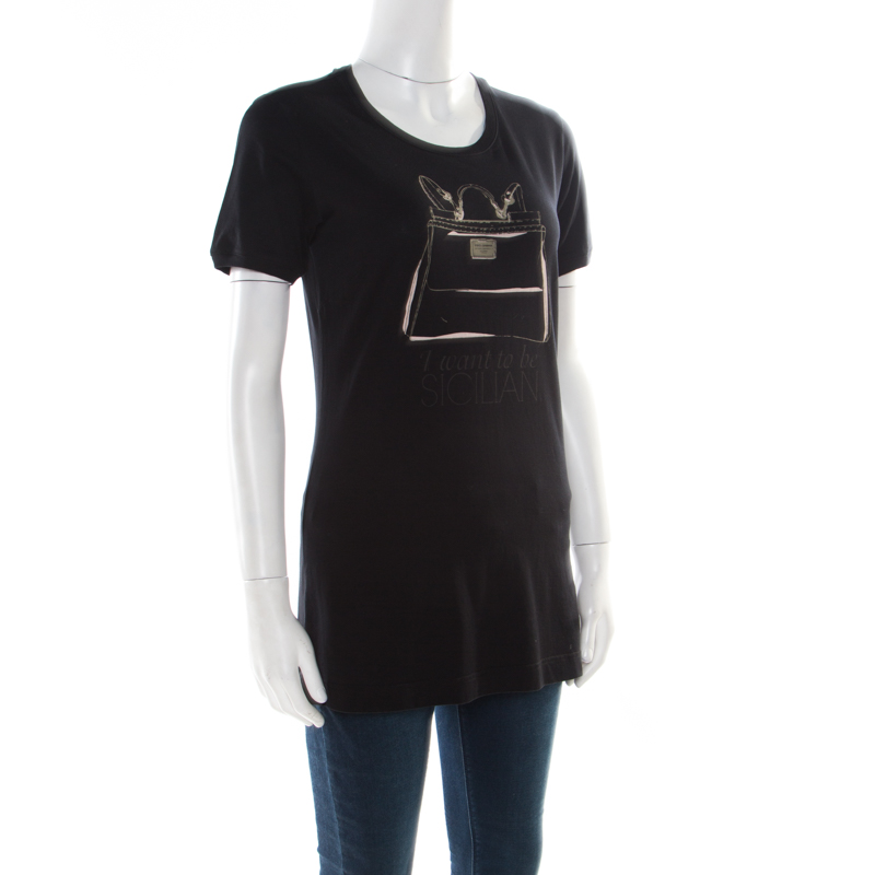 

Dolce and Gabbana Black I want to be Sicilian Bag Printed T-Shirt