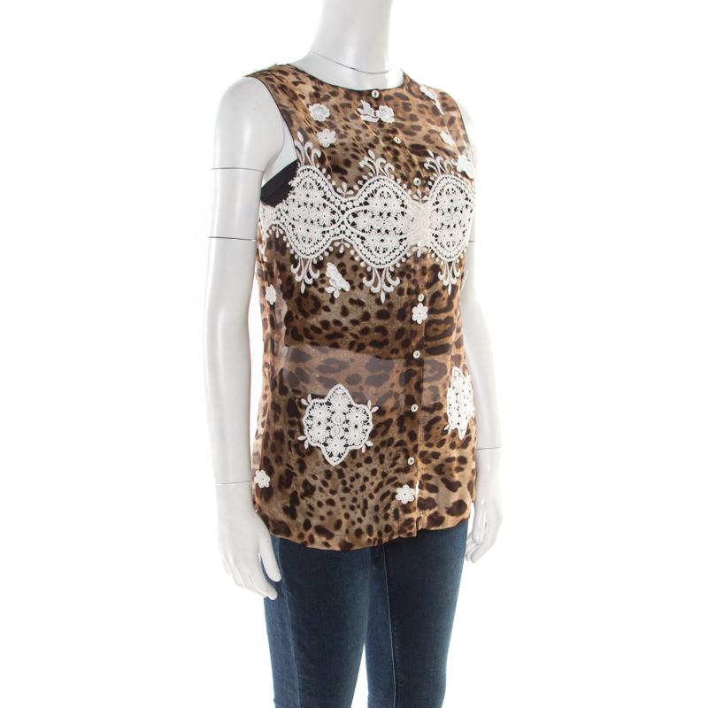 

Dolce & Gabbana Leopard Printed Silk Contrast Lace Insert Sleeveless Top, Brown