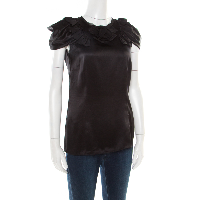 

Dolce and Gabbana Black Satin Floral Applique Detail Ruffled Sleeve Blouse