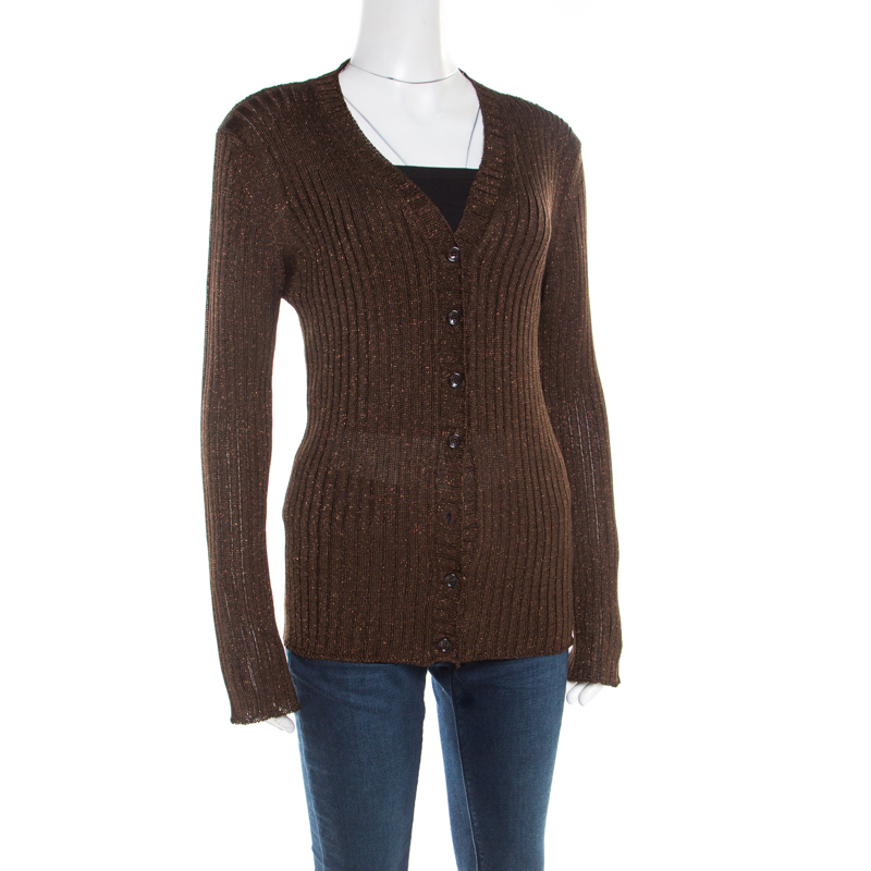 

Dolce and Gabbana Chocolate Brown Lurex Insert Button Front Cardigan