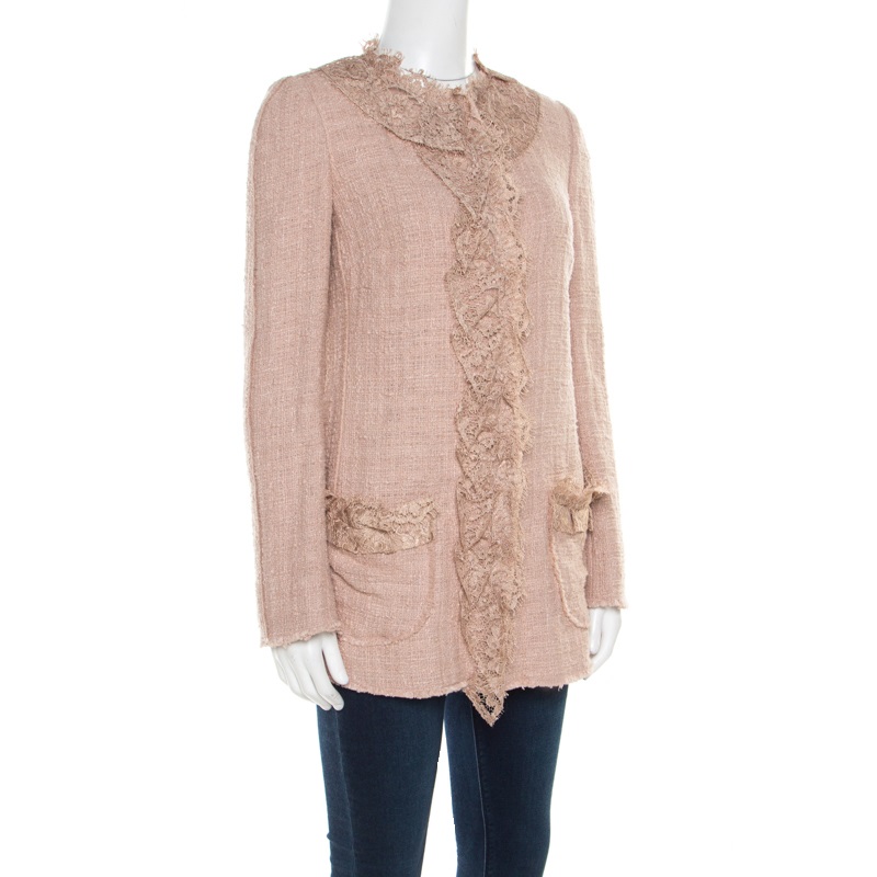 

Dolce and Gabbana Mauve Pink Cotton Silk Tweed Lace Detail Button Front Jacket