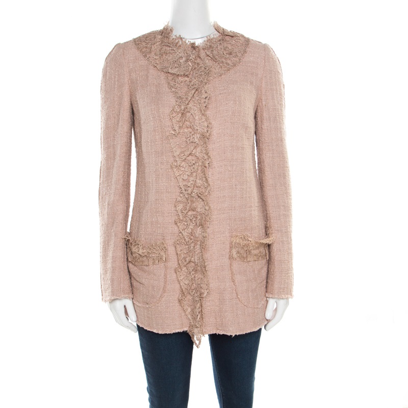 Pre Owned Dolce and Gabbana Mauve Pink Cotton Silk Tweed Lace Detail Button Front Jacket S
