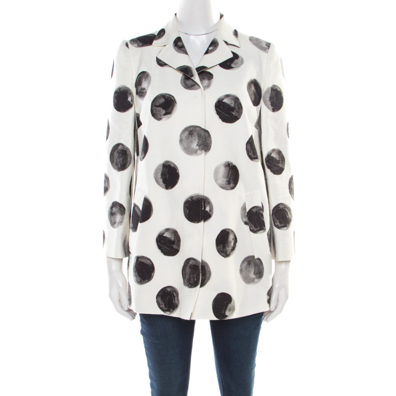 Pre Owned Dolce and Gabbana White Polka Dot Print Cotton Blazer M