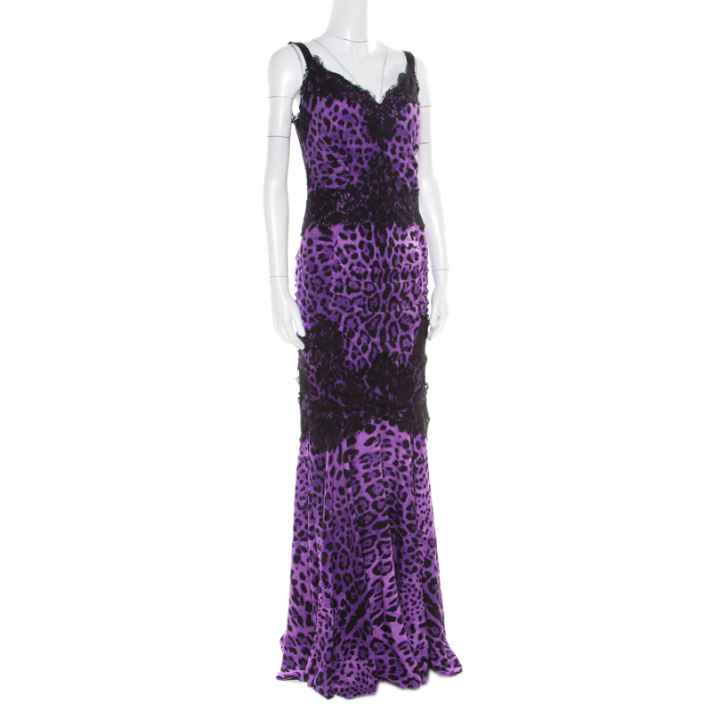 

Dolce & Gabbana Purple Leopard Printed Silk Lace Trim Ruched Maxi Dress