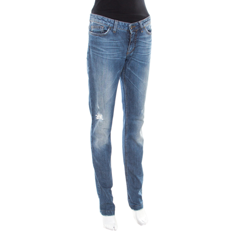 

Dolce & Gabbana Indigo Faded Effect Denim Distressed Cute Fit Jeans, Blue