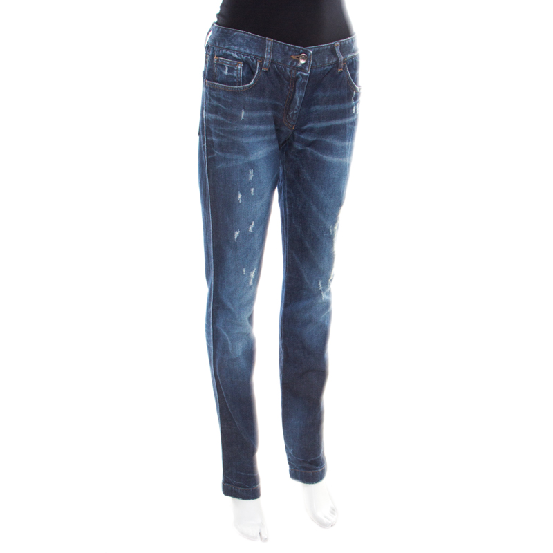 

Dolce & Gabbana Indigo Washed Denim Distressed Straight Fit Jeans, Blue