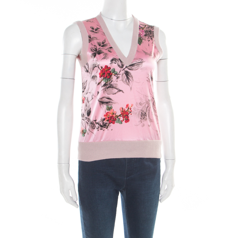 

Dolce and Gabbana Pink Floral Printed Paneled Cashmere Sleeveless Sweater