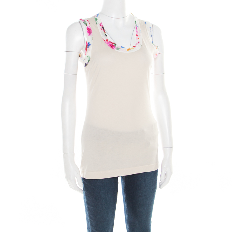 

Dolce & Gabbana Beige Jersey Floral Printed Trim Tank Top