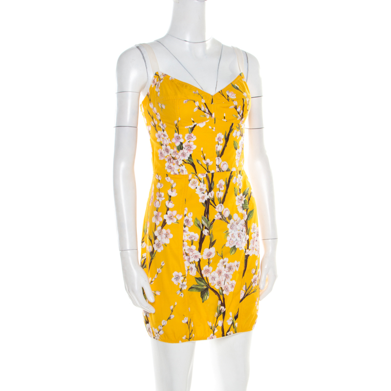 

Dolce and Gabbana Yellow Almond Blossom Print Cotton Bustier Sheath Dress