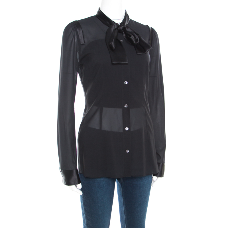 

Dolce & Gabbana Black Satin Trim Neck Tie Detail Long Sleeve Blouse