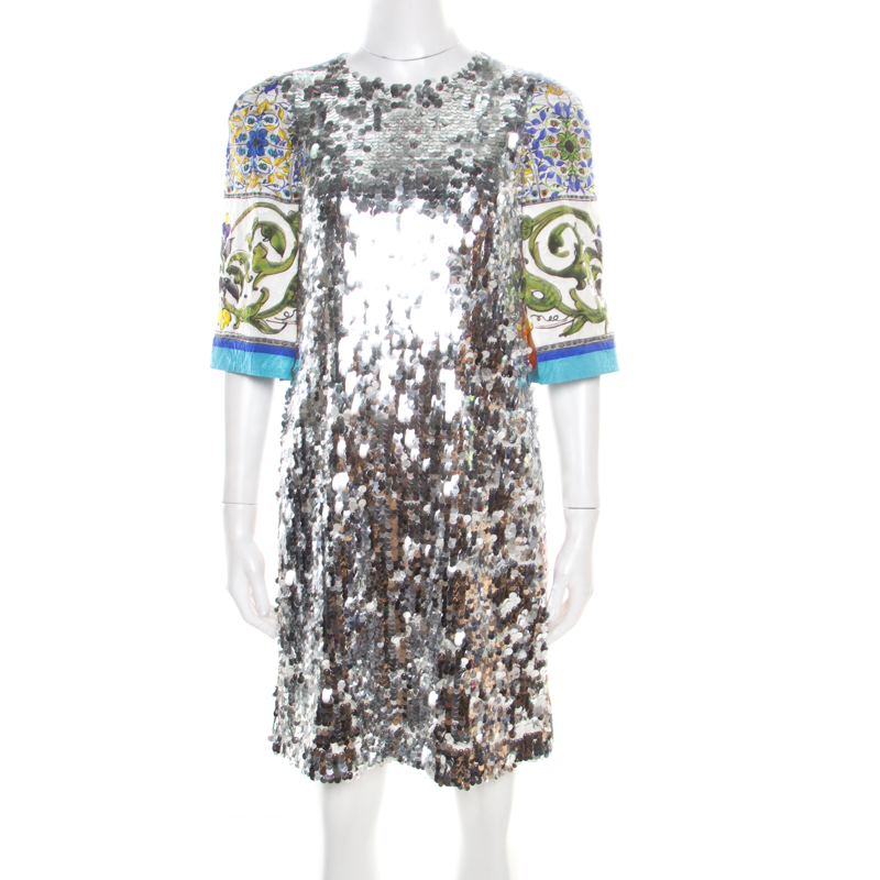 Dolce and Gabbana Majolica Print Embossed Jacquard Sequined Shift Dress S