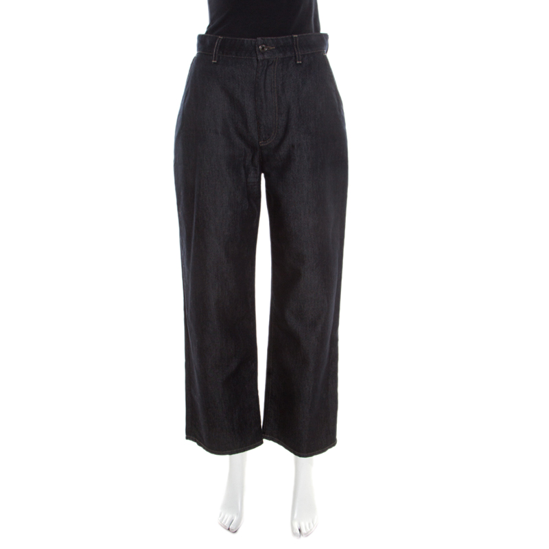 Pre Owned بنطلون جينز دولتشي آند غابانا دينم أزرق داكن بوسط مرتفع حافة واسعة S