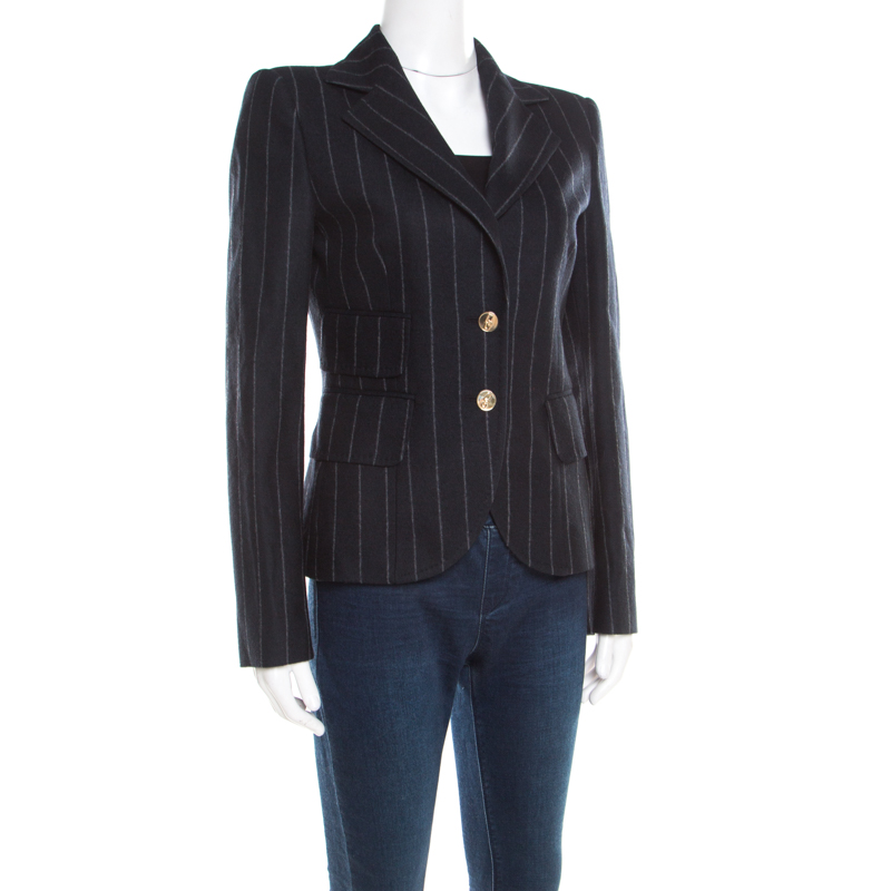 

Dolce & Gabbana Navy Blue and Grey Striped Wool Tailored Blazer