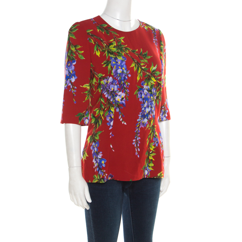 

Dolce & Gabbana Red Wisteria Floral Print Short Sleeve Top