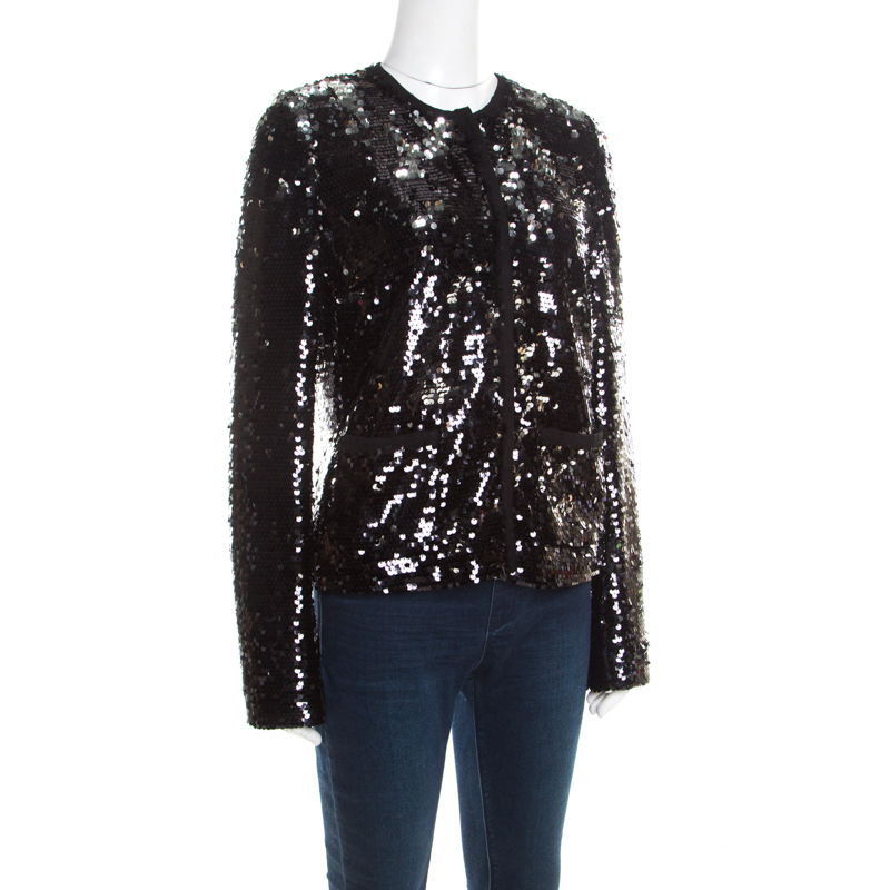 

Dolce and Gabbana Black and Silver Sequin Pailette Embellished Frayed Trim Jacket