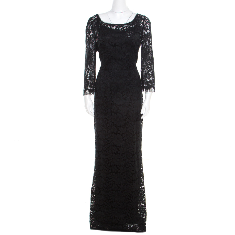 Dolce and Gabbana Black Floral Lace Scalloped Trim Long Sleeve Maxi ...