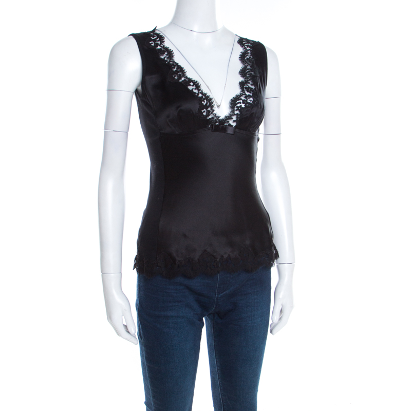 

Dolce and Gabbana Black Satin and Jersey Lace Trim Sleeveless Top