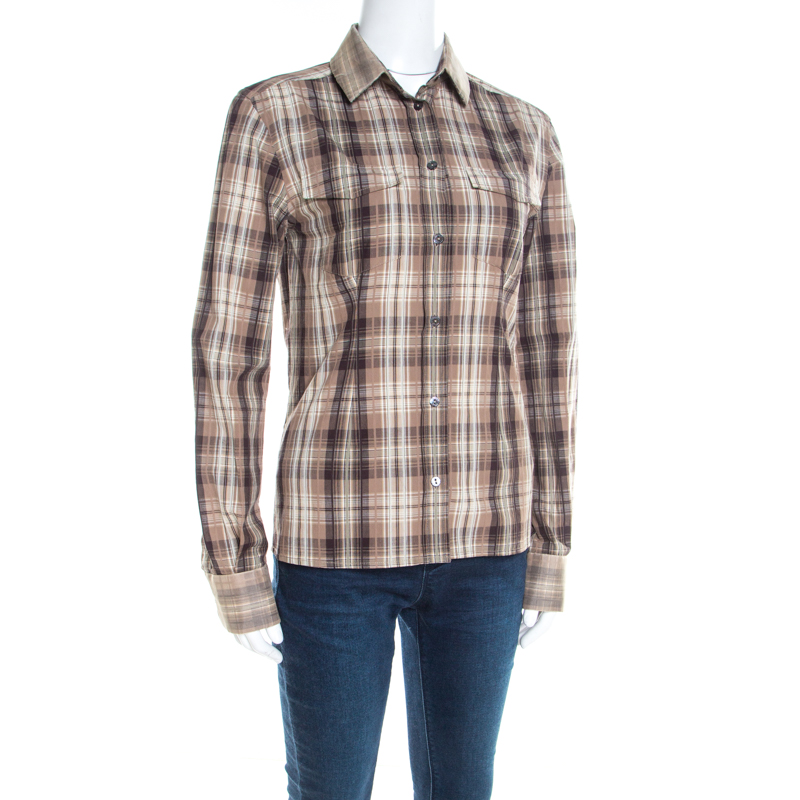 Pre-owned Dolce & Gabbana Brown Checked Cotton Organza Trim Shirt S