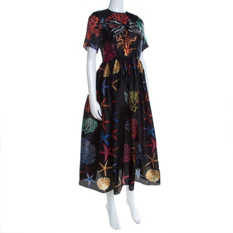 

Dolce and Gabbana Black Coral Printed Silk Embellished Bow Detail Maxi Dress